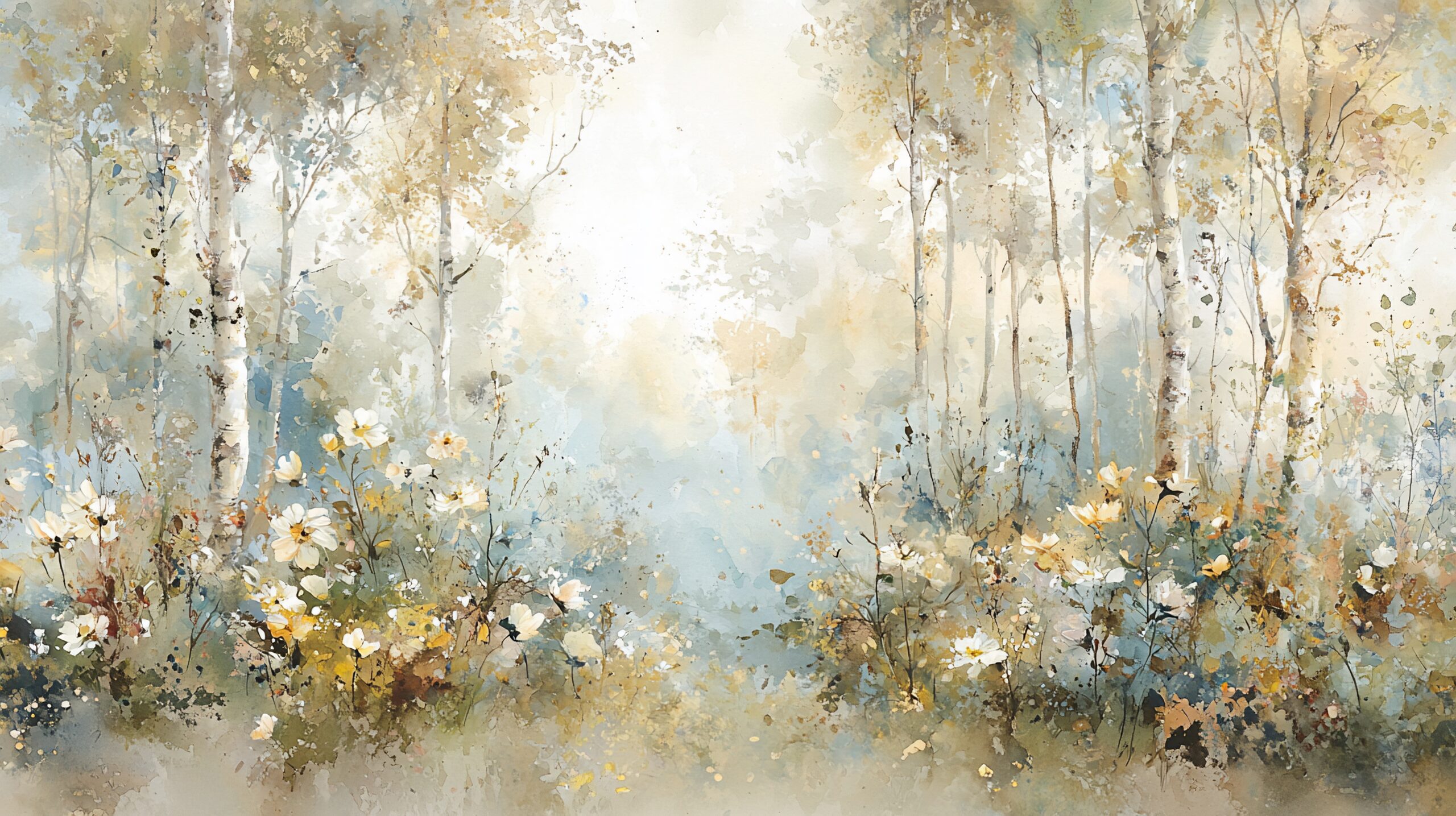 Serene birch forest path with wildflowers in soft light.