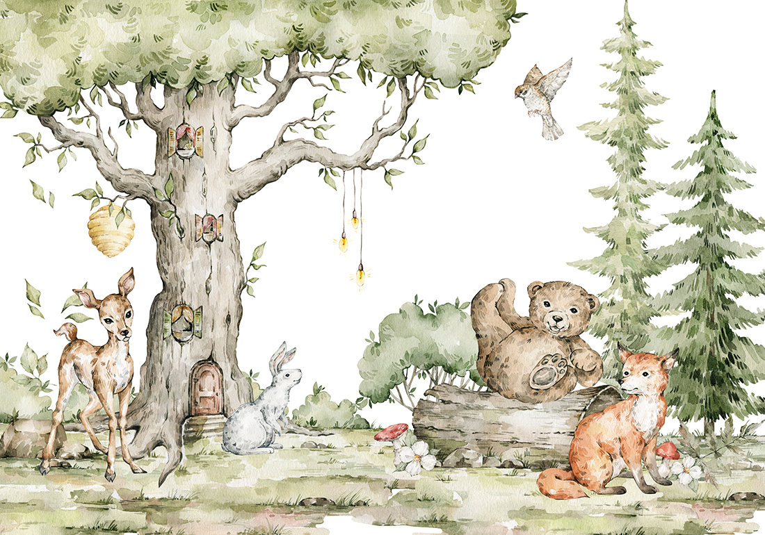 Watercolor composition with forest animals and natural elements.