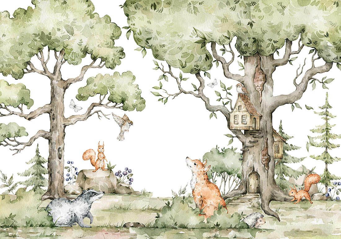 Watercolor composition with forest animals and natural elements.