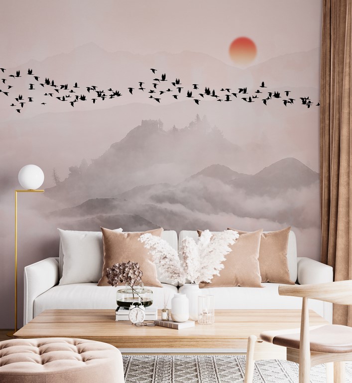 Fototapety Tmavé ptáci létající nad horami