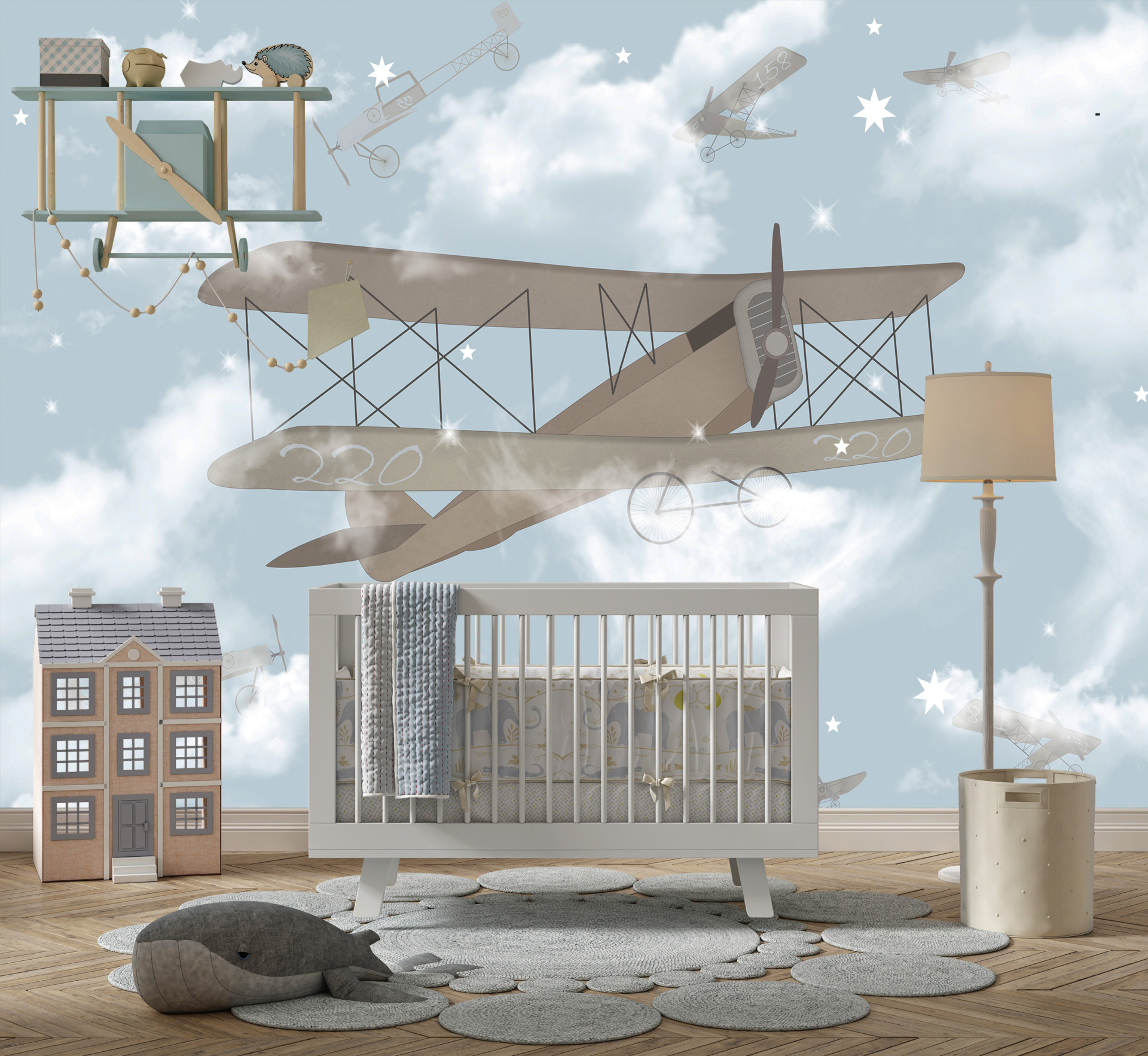 Nástěnná malba dvouplošníku v mlze