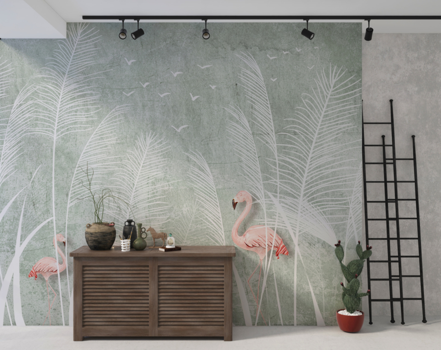 Flamingo Mural Flamingos pe o pajiște albă