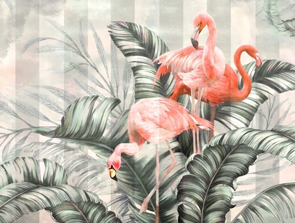 Freska su flamingais lapuose