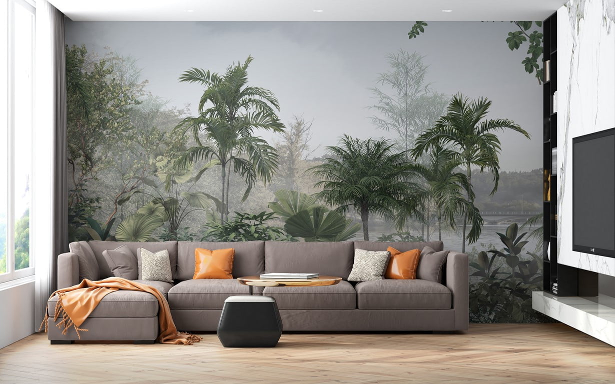 Nástěnná malba jezera v tropické džungli