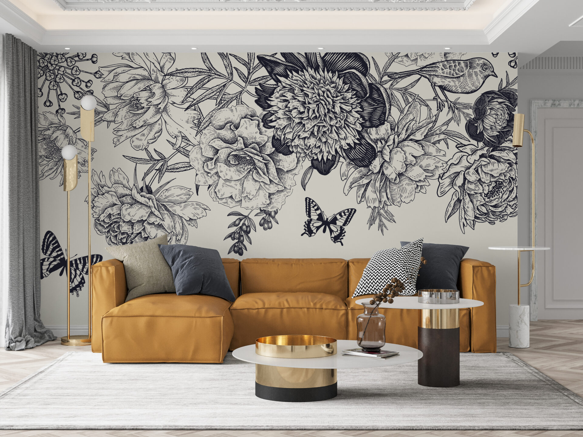 Nástěnná malba Květiny a motýli