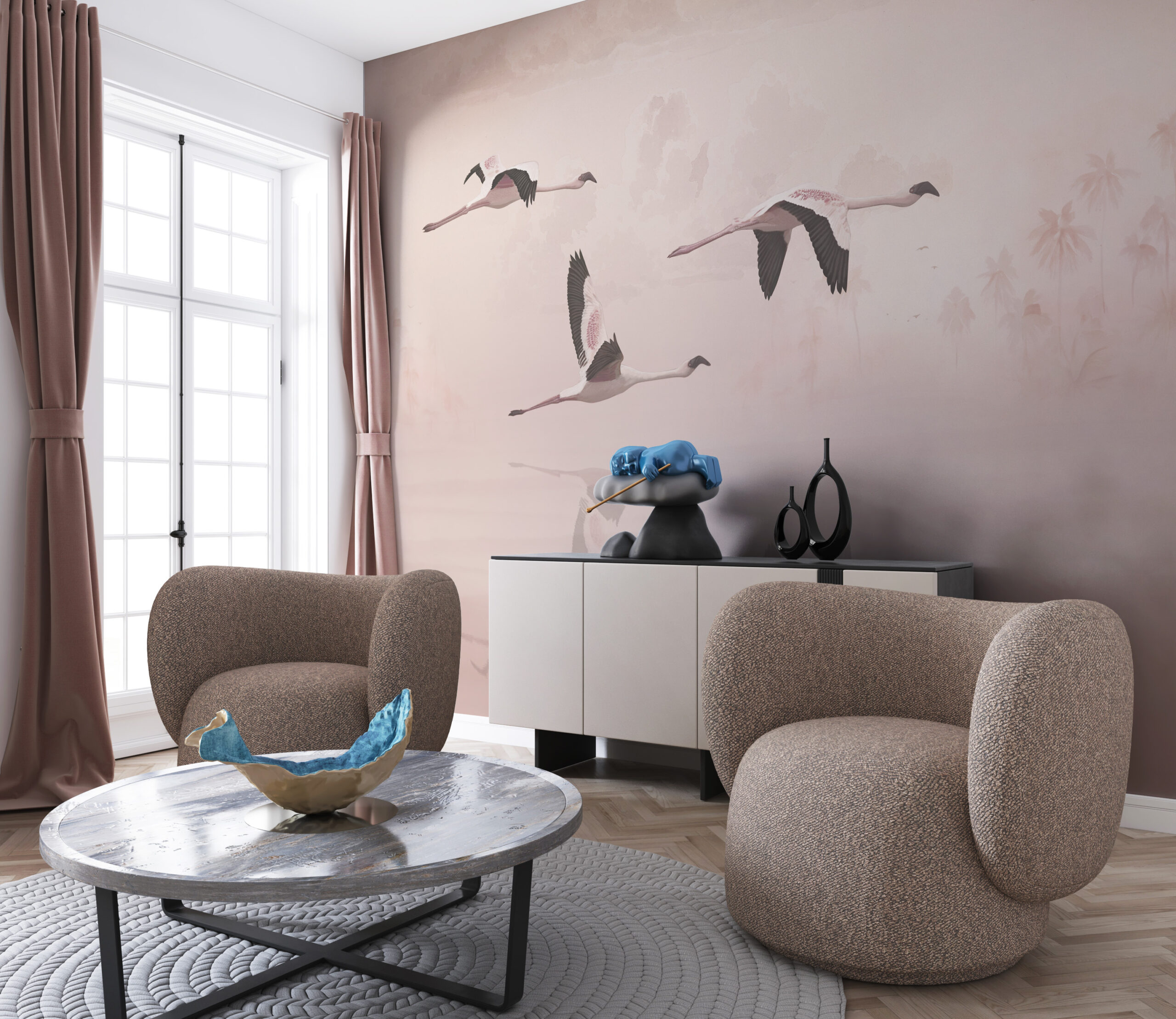 Wandgemälde eines Kranichschwarms