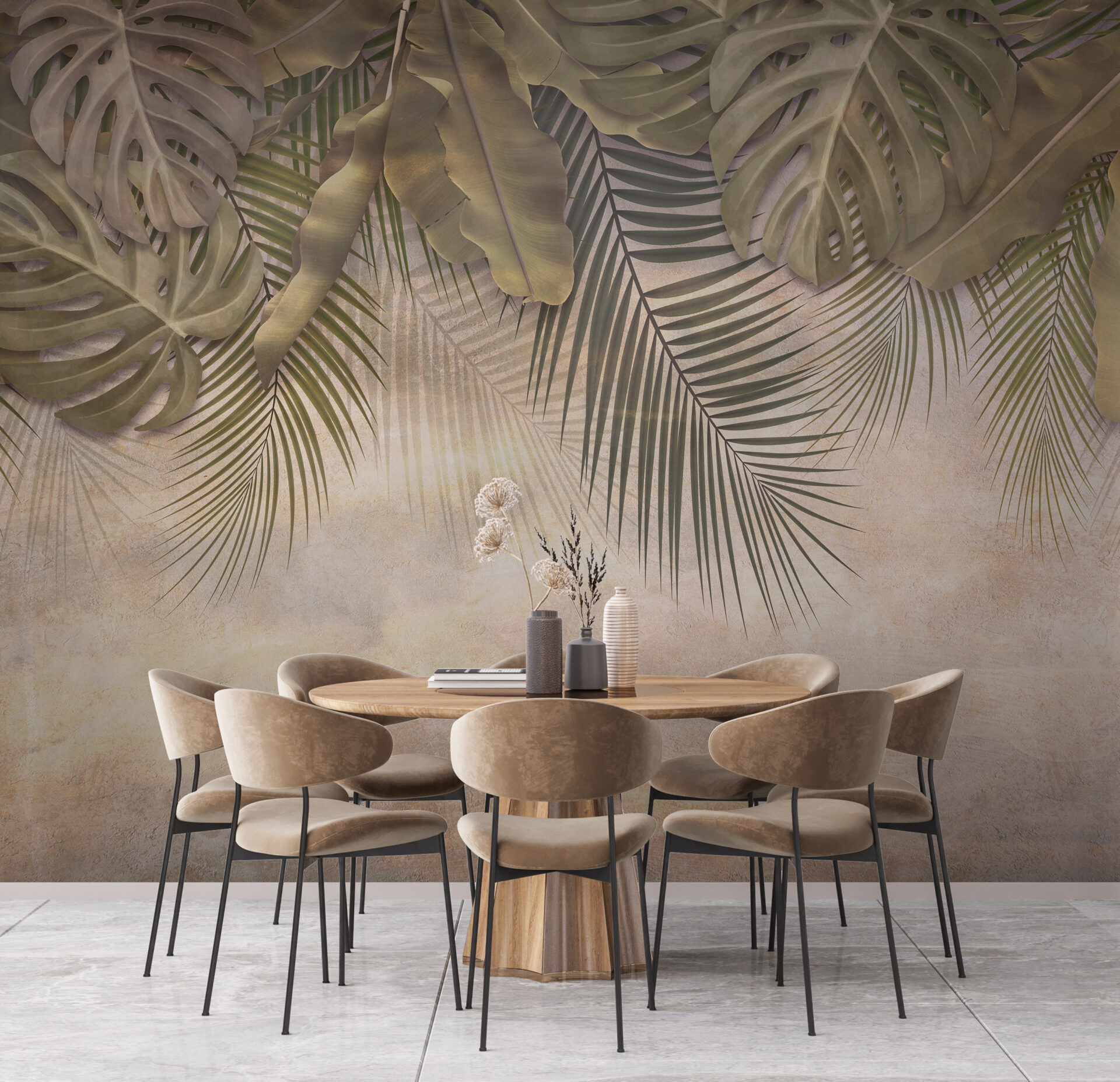 Nástěnný tropický motiv v teplém světle