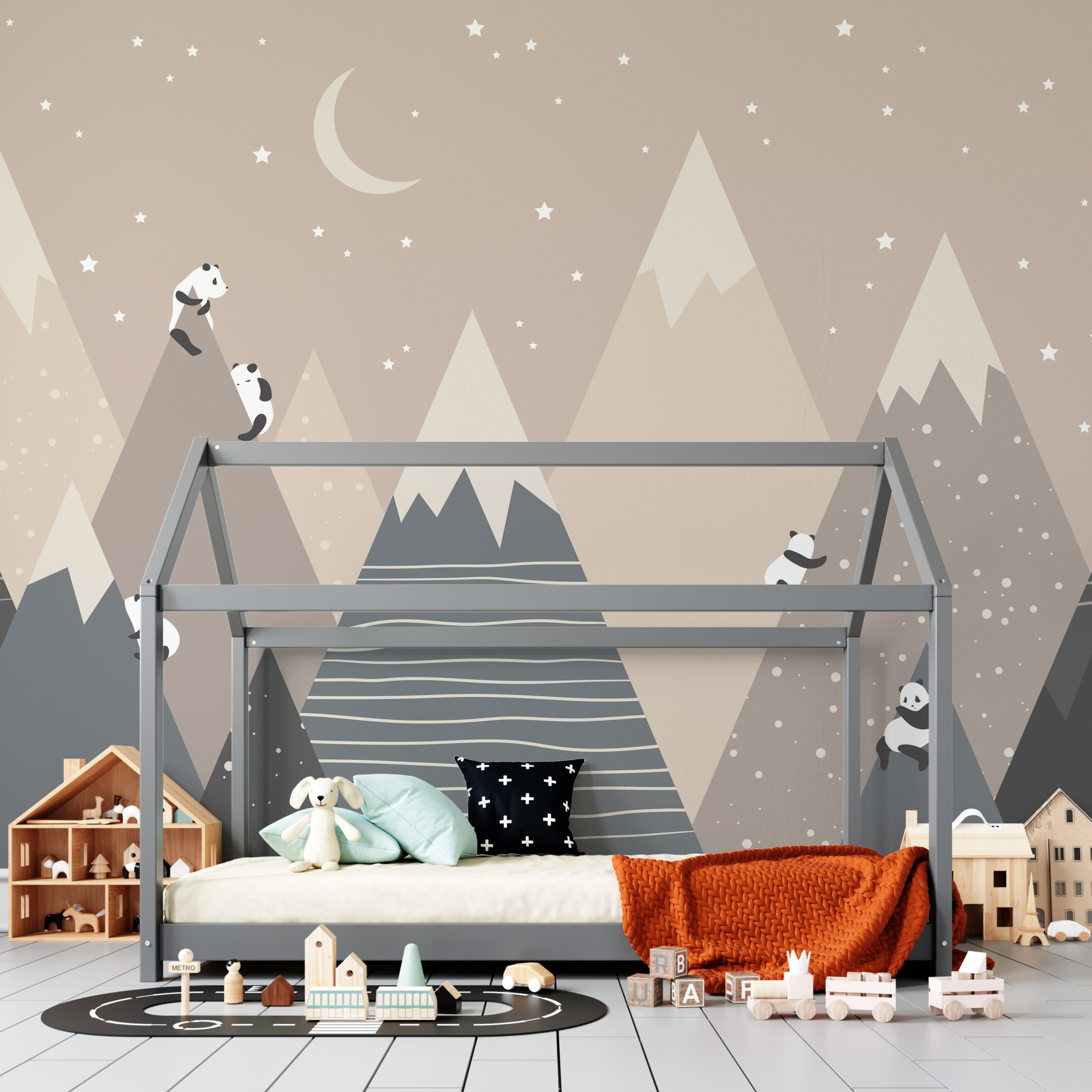 Nástěnná malba pand na vrcholcích hor