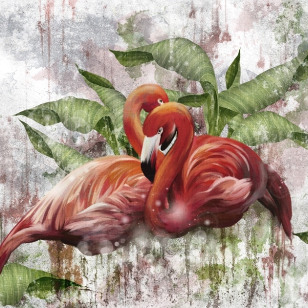 Raudonųjų flamingų poros freska