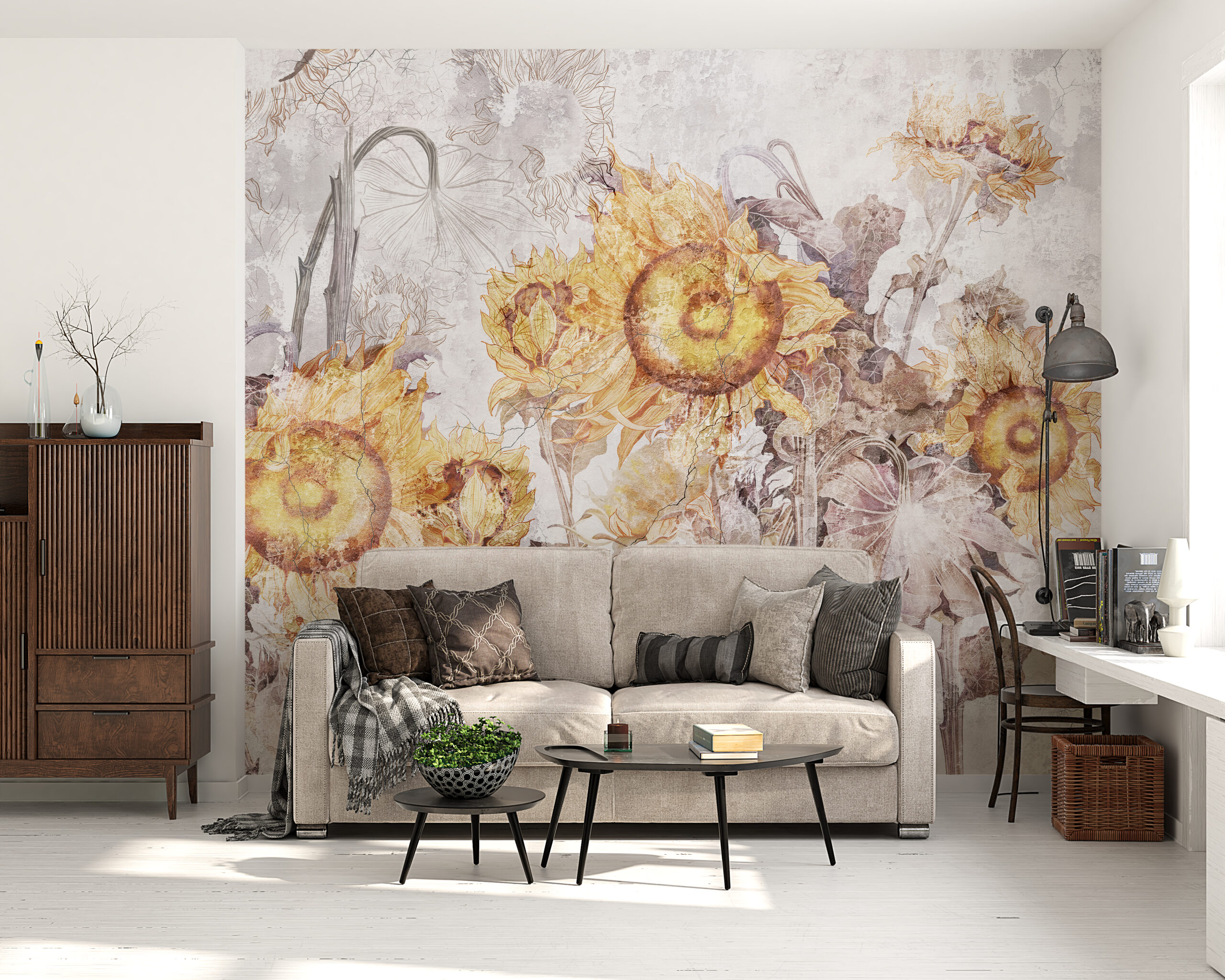 Nástěnná malba pole slunečnic