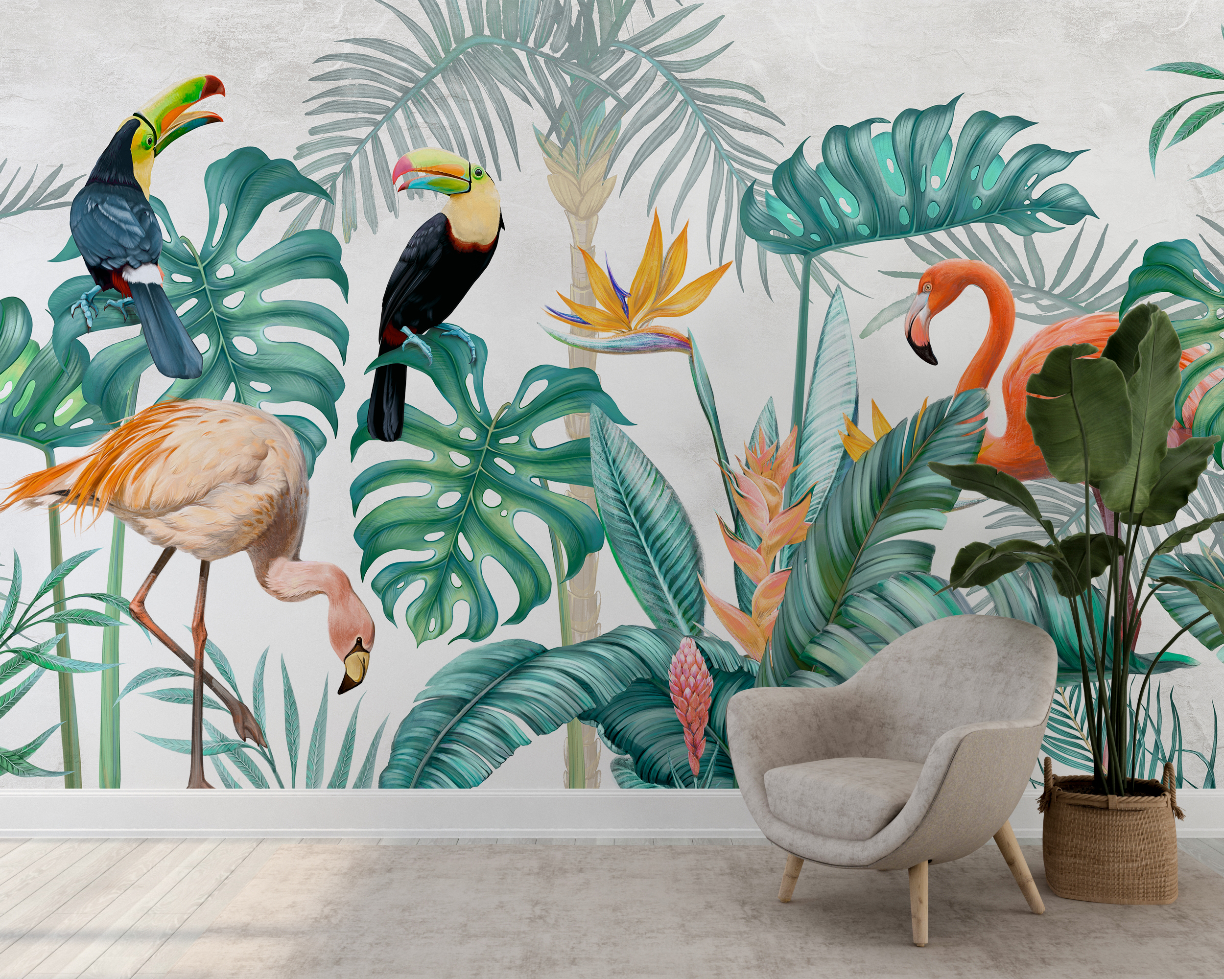 Nástěnná malba ptáků džungle