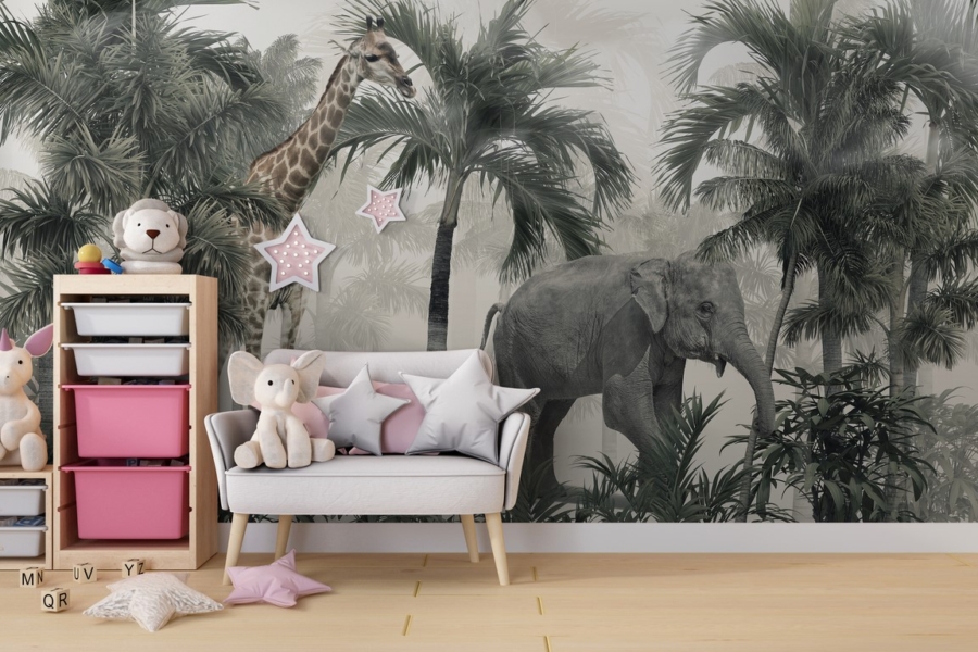 Elefant și girafă în jungla murală