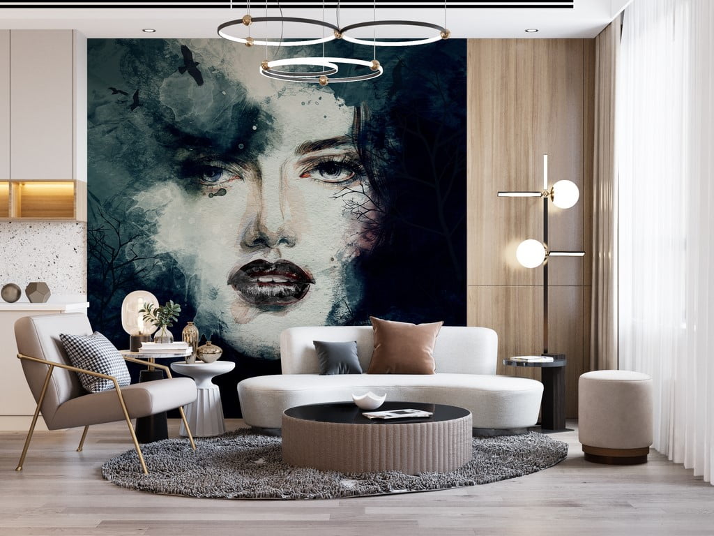 Wandgemälde eines Mädchengesichts vor dunklem Hintergrund