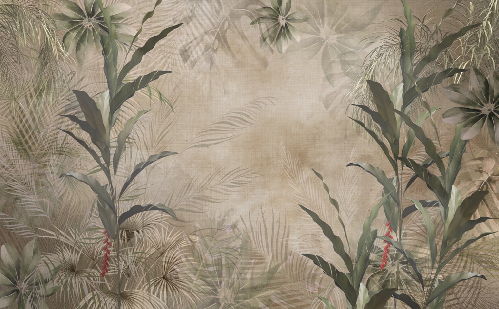 tropical trees and leaves in foggy forest wallpaper design - 3D illustration