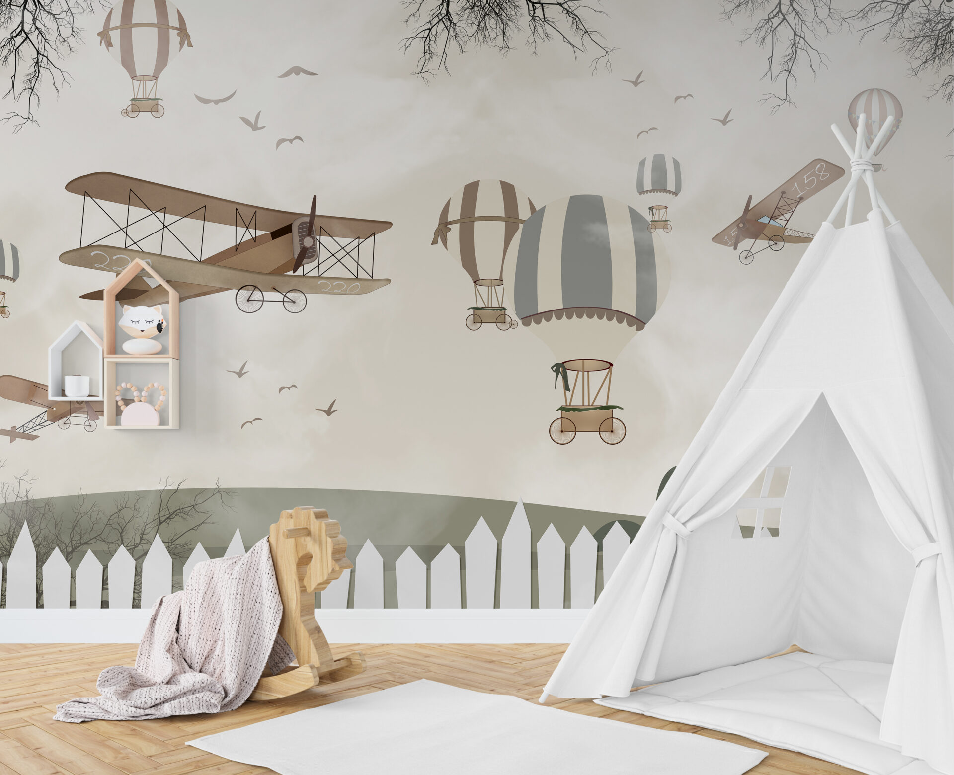 Wandgemälde mit bunten Ballons und Flugzeugen am Himmel