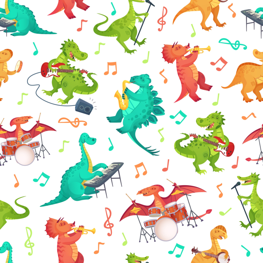 Seamless,Cartoon,Music,Dinosaurs,Pattern.,Dino,Band,,Cute,Dinosaur,Playing