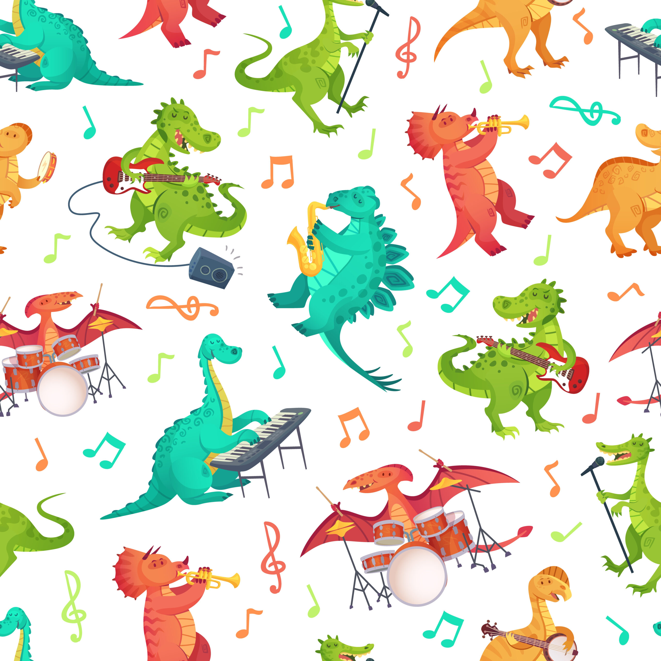 Seamless,Cartoon,Music,Dinosaurs,Pattern.,Dino,Band,,Cute,Dinosaur,Playing