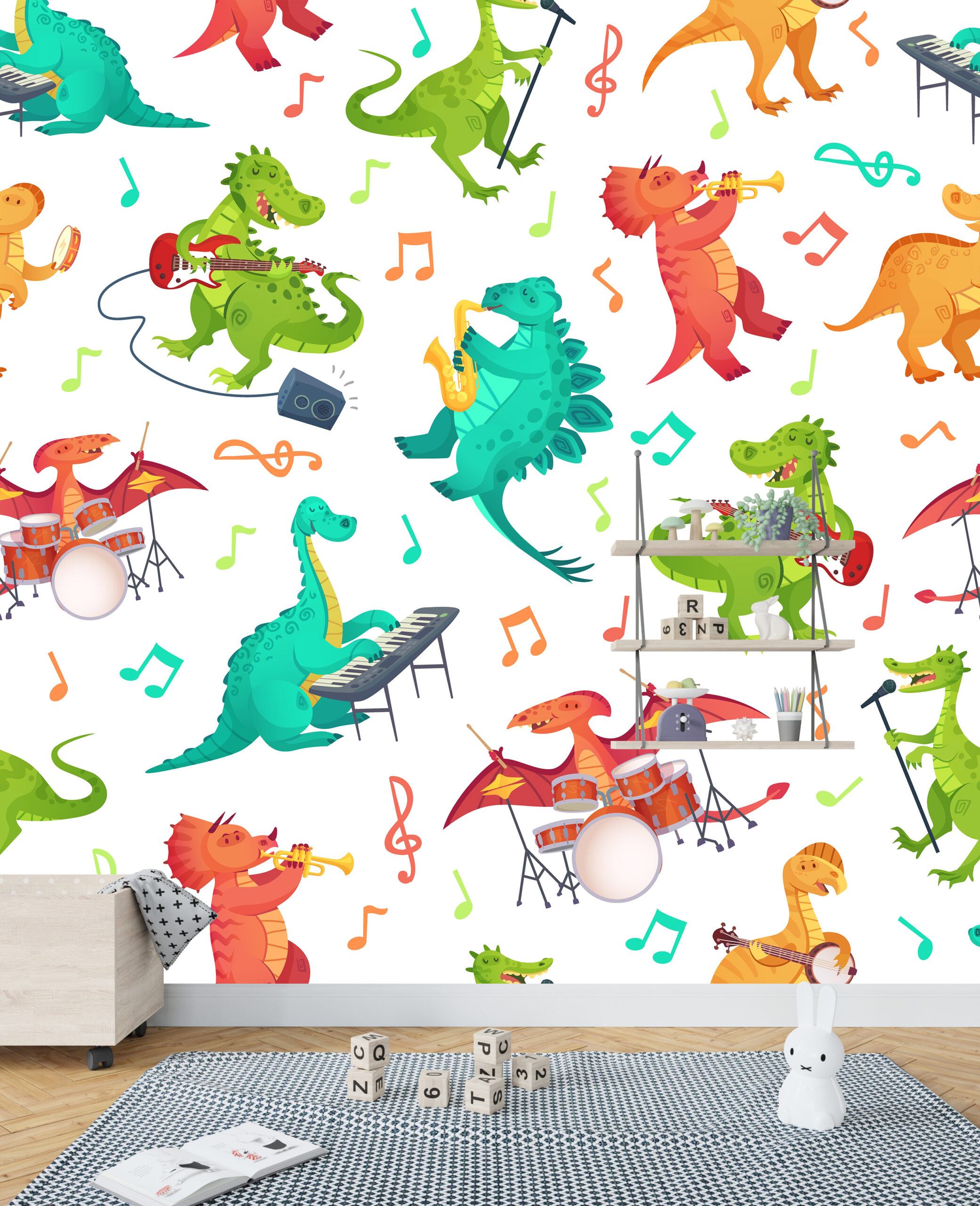 Wandgemälde mit musikalischen Dinosauriern