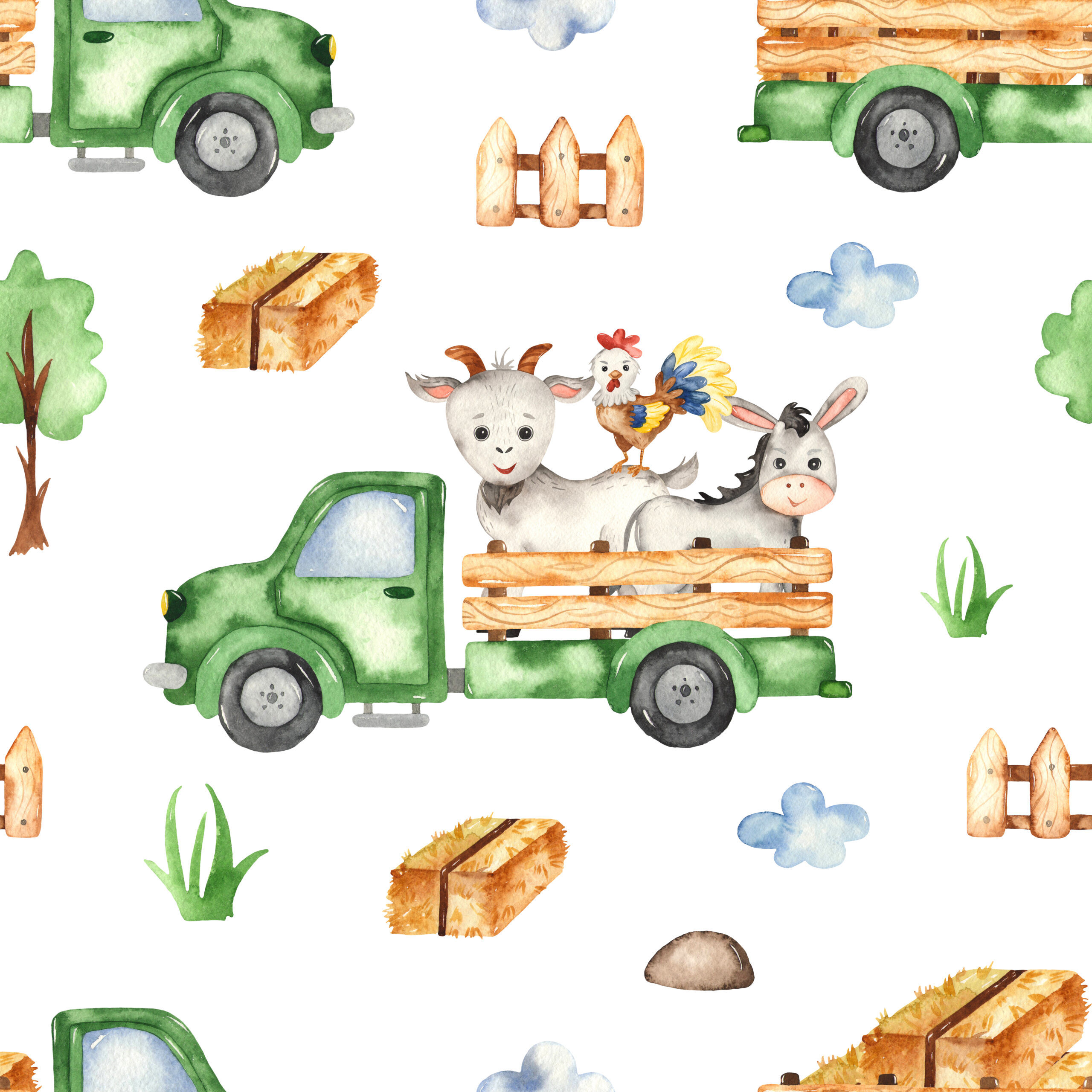 Farm,Truck,,Hay,,Farm,Animals,,Tree,On,A,White,Background.