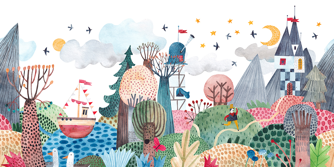 Horizontal,Repeating,Border.,Fairy-tale,Landscape.,Painting,For,The,Children's,Room.