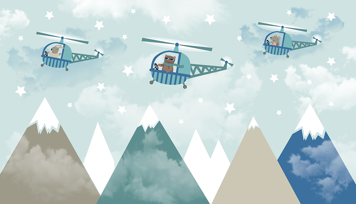 Children's,Picture,With,Mountains,And,Helicopters,In,Which,Different,Animals