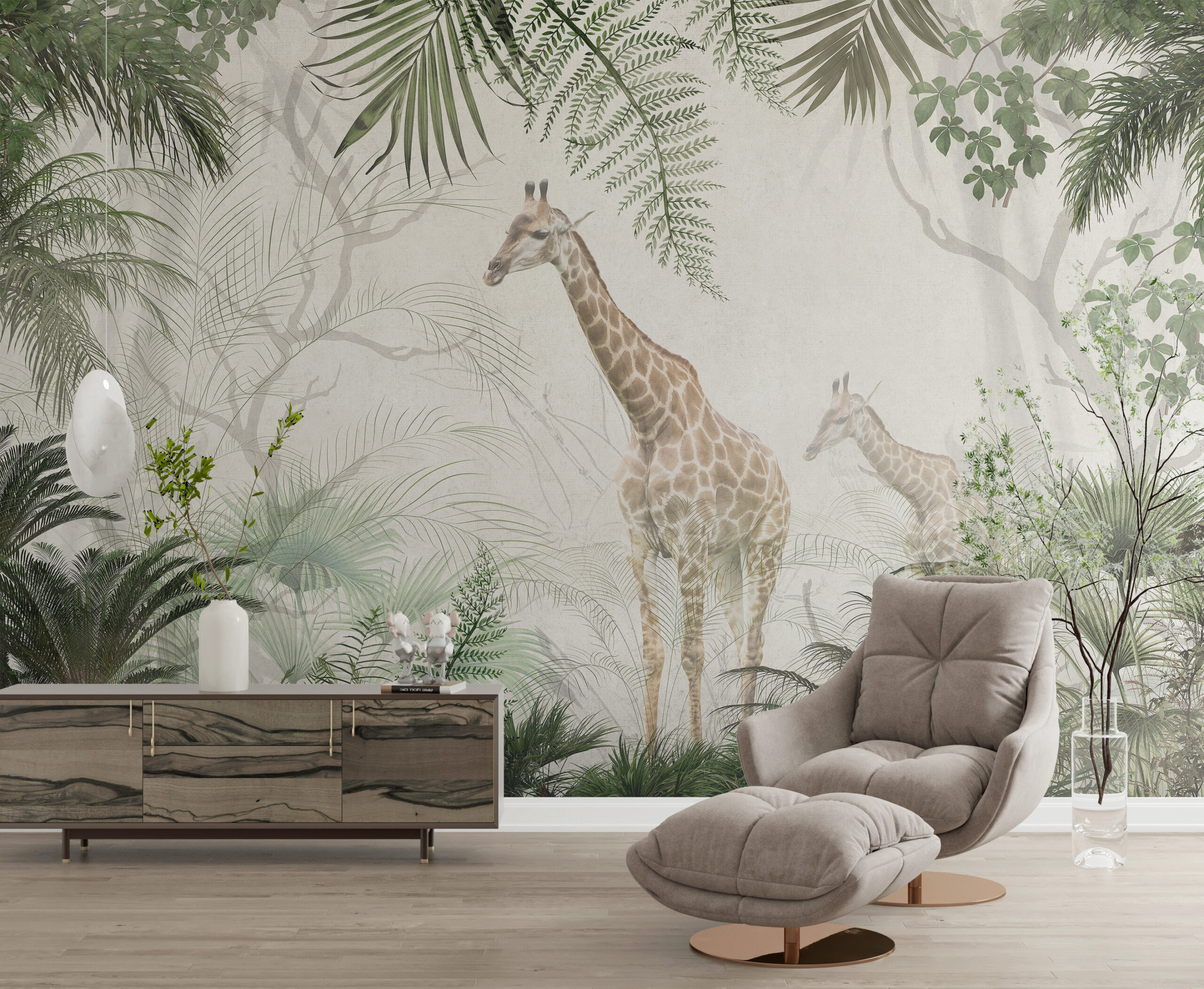 Wandgemälde mit Giraffen im Dschungel
