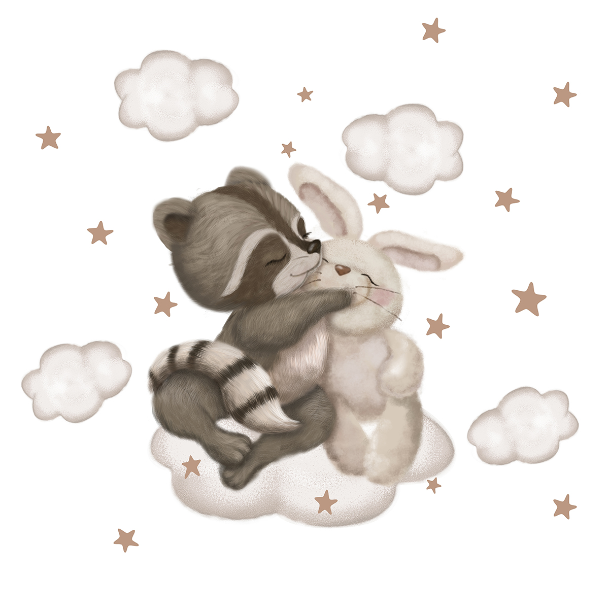 Cute,Little,Raccoon,Hugs,A,Bunny,Or,Rabbit;,Hand,Drawn