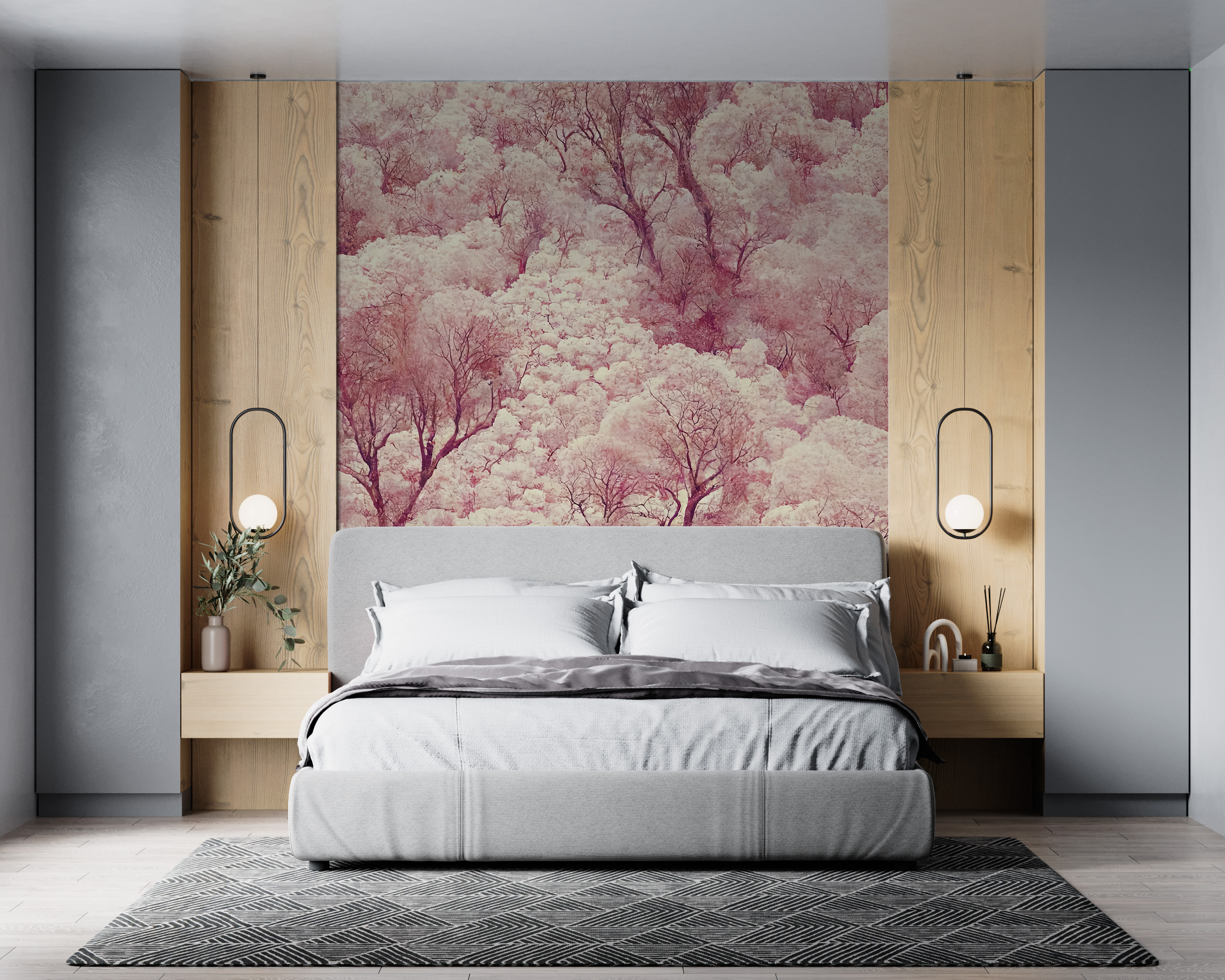 Wandgemälde eines rosa Waldes aus dem Flug eines Vogels