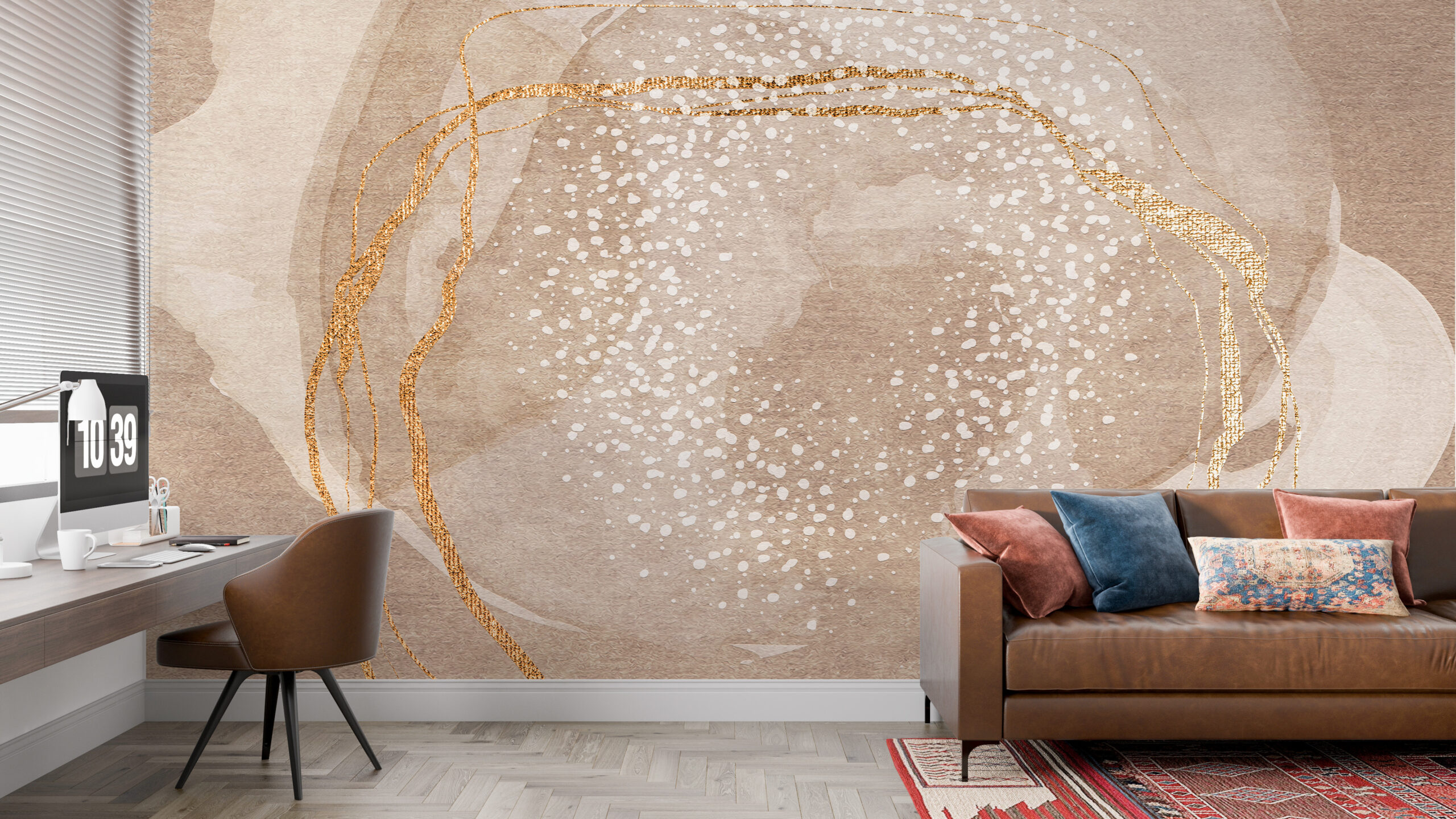 Nástěnná malba zlatých prvků v béžové barvě