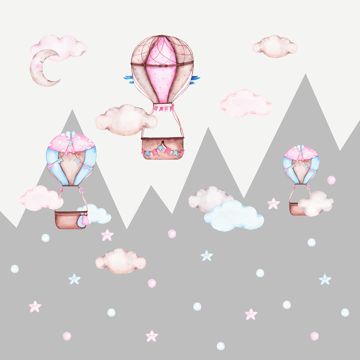 Children's,Drawing,With,Gray,Mountains,And,Balloons,On,The,Background