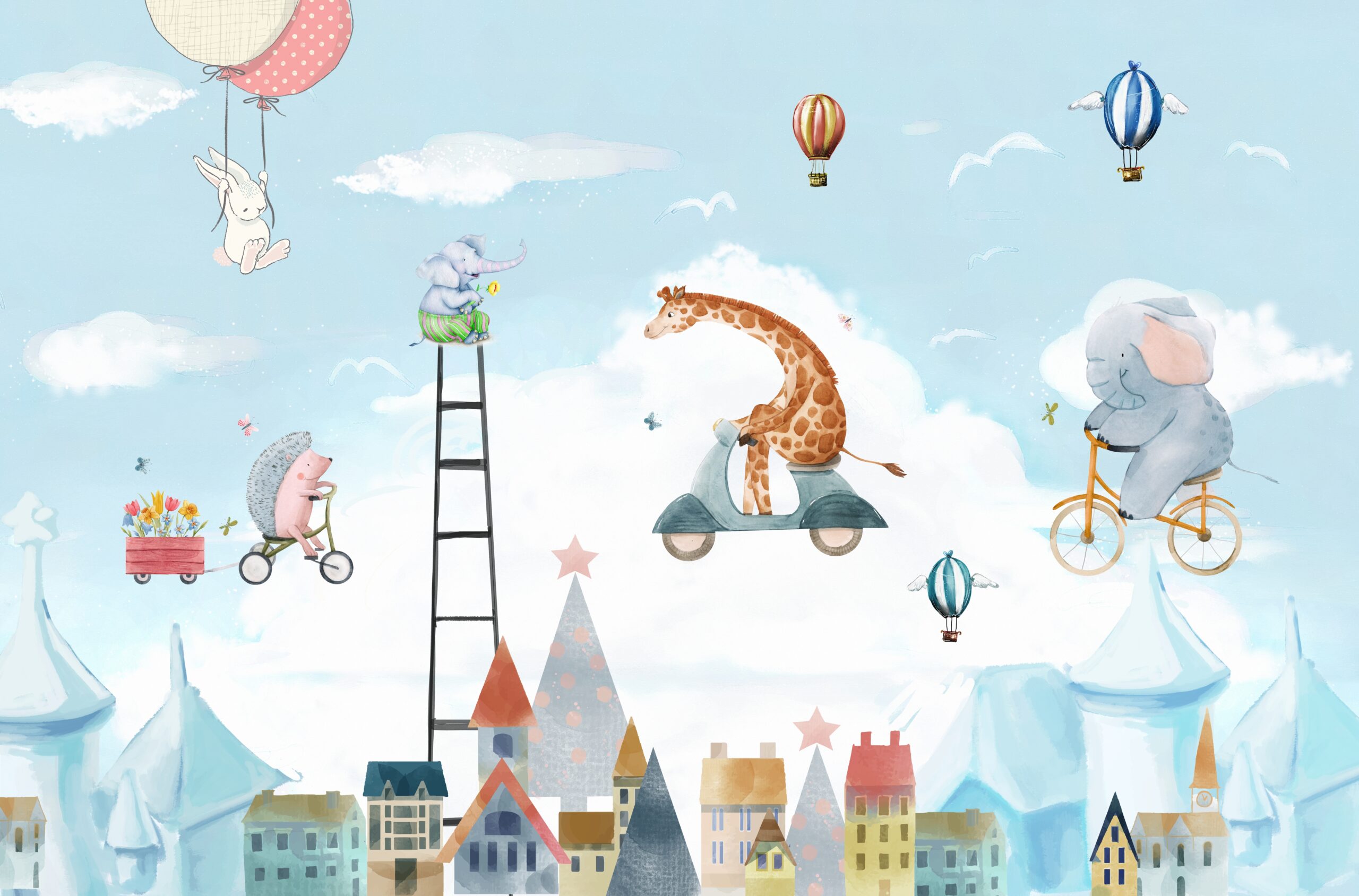 Children's,Picture,Animals,,Elephant,,Giraffe,,Hedgehog,On,A,Bicycle,Against