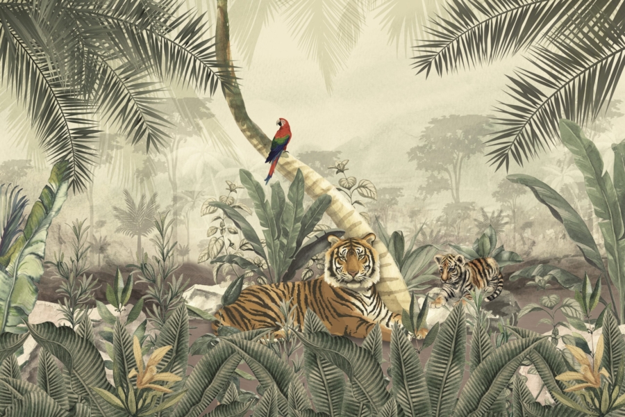 Soft,Leaf,With,Tiger,Tropical,Mural,Design