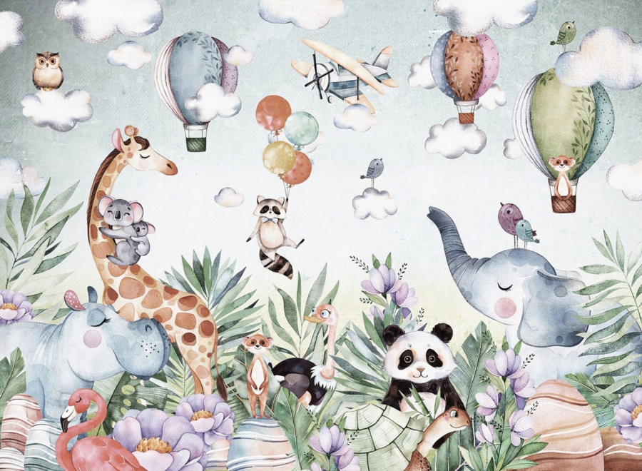 Safari,Jungle,Animals.,Giraffe,tiger,elephant,flamingo,panda,monkey,And,Bird.,Animals,Among,Tropical,Trees.