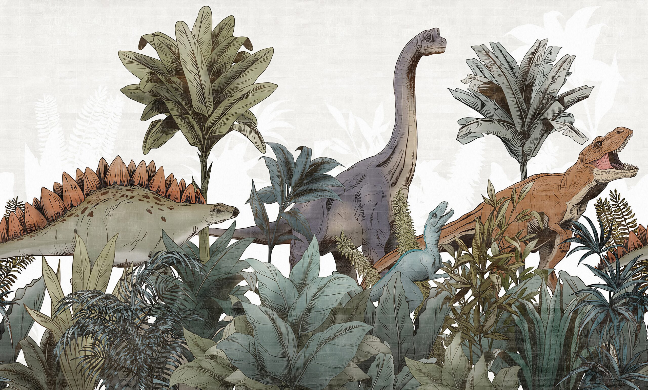 Dinosaurs,In,Tropical,Forest.,Authentic,Wallpaper.repeat,Picture.