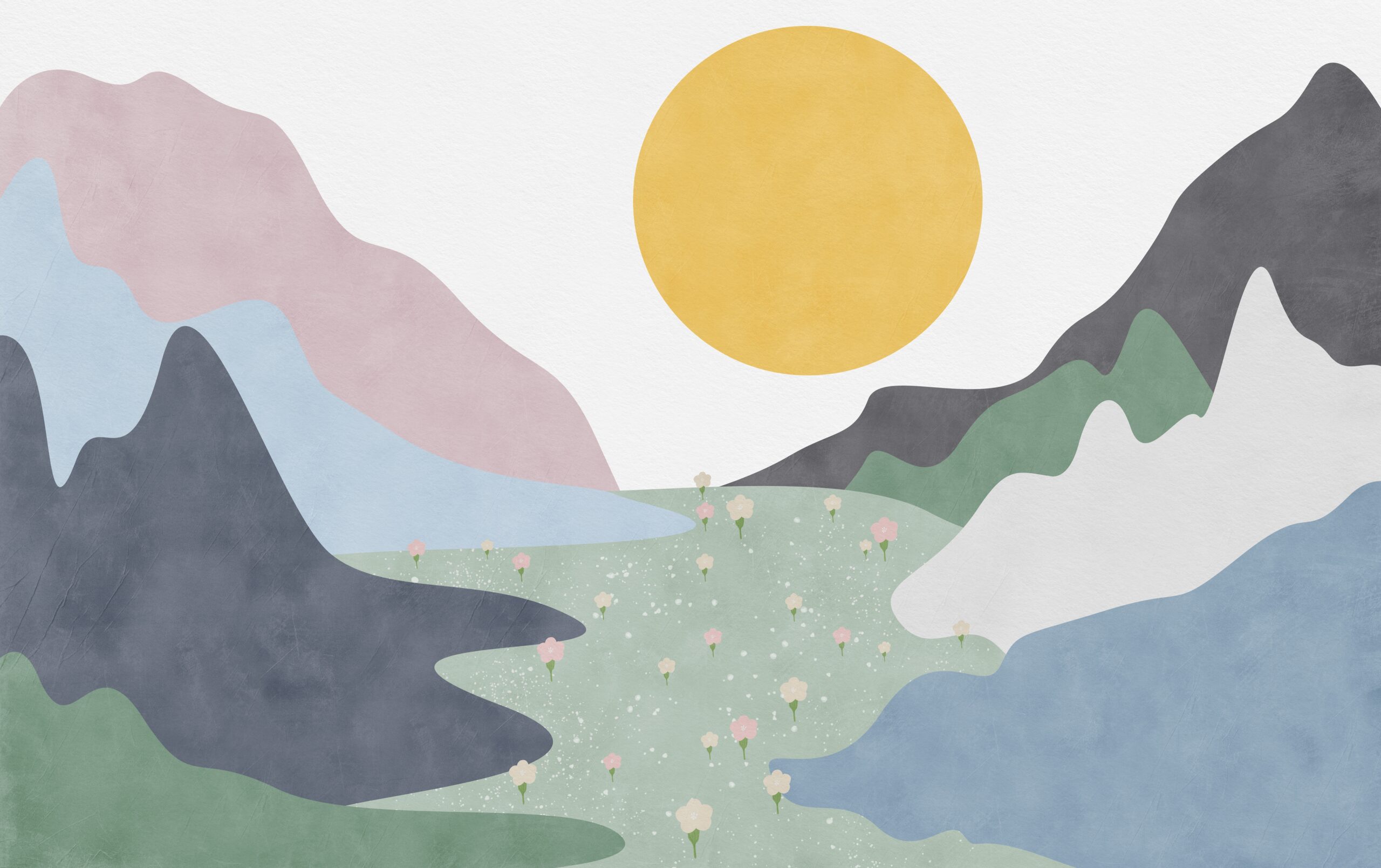 Colourful,Mountain,With,Flowers.,Beautiful,Sunset.,Cute,Flowers.,Wall,Wallpapers