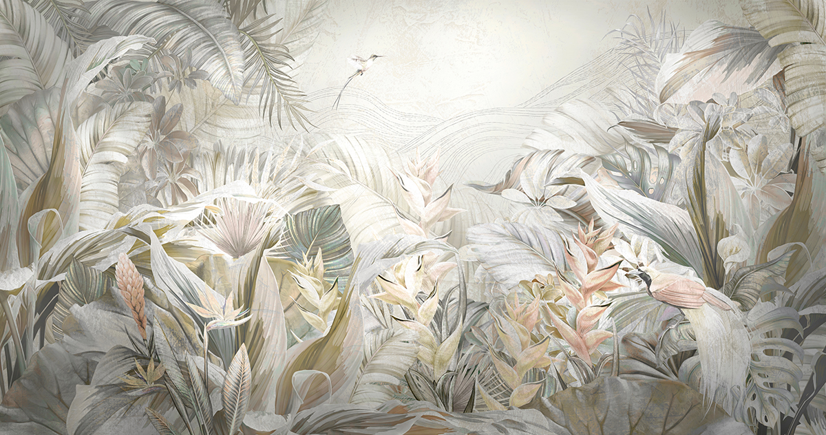 Illustration,Of,Wallpaper,Design,With,Tropic,Leaves,,Palms,And,Bird