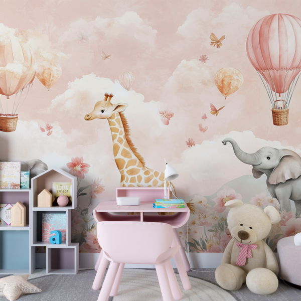 Fototapete mit Giraffe und Elefanten zwischen Blumen