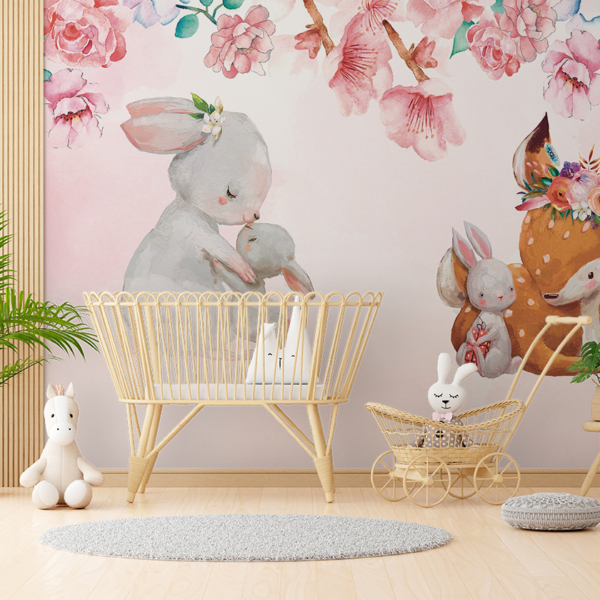 Wandgemälde mit einem Rothirsch und einem Osterhasen