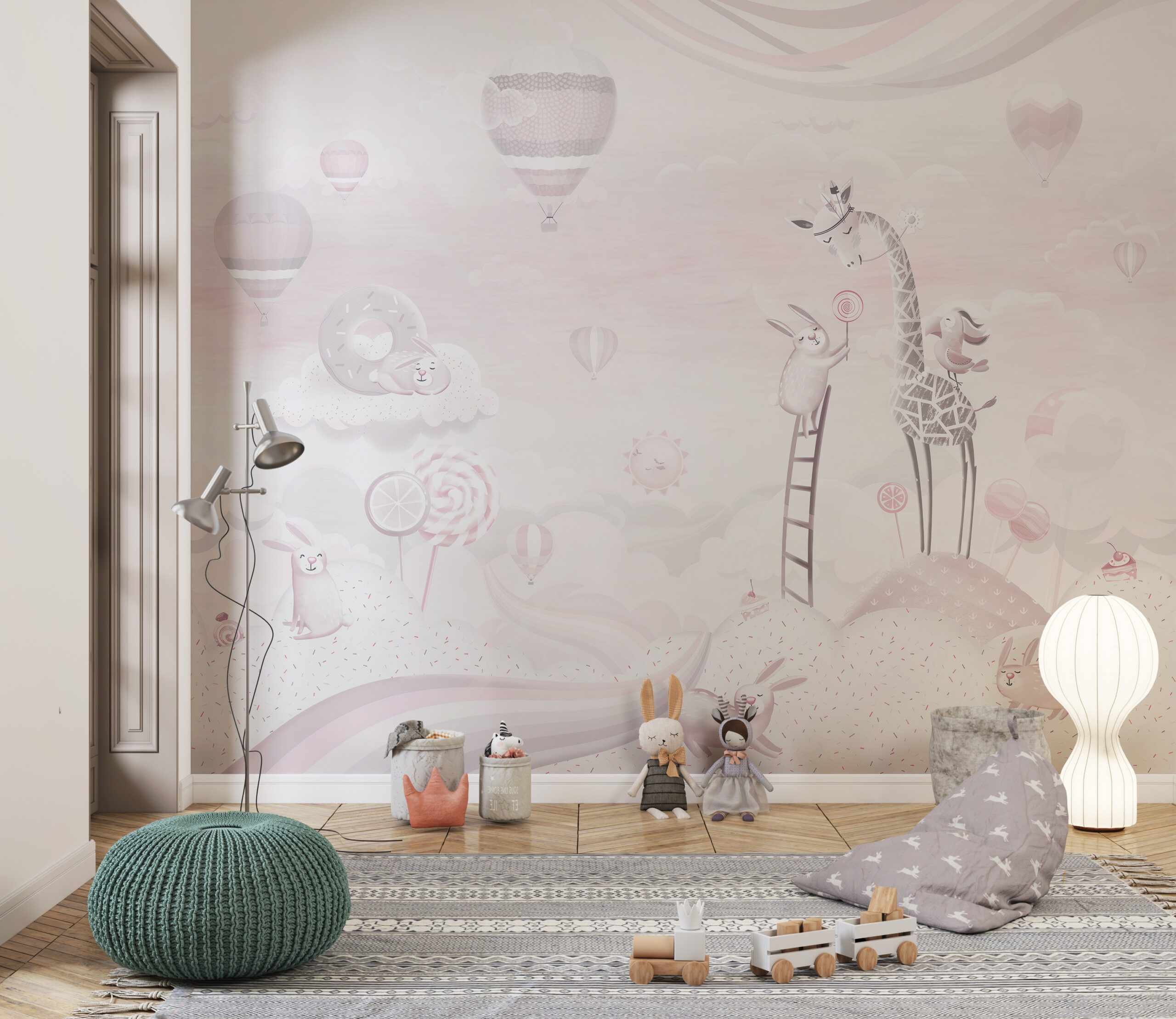 Väggmålning av en giraff i ett magiskt land