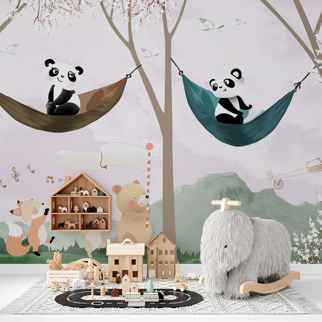 Väggmålning av pandor som vilar bland träden