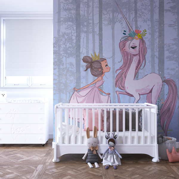 Fototapete mit einer Prinzessin und einem rosa Einhorn