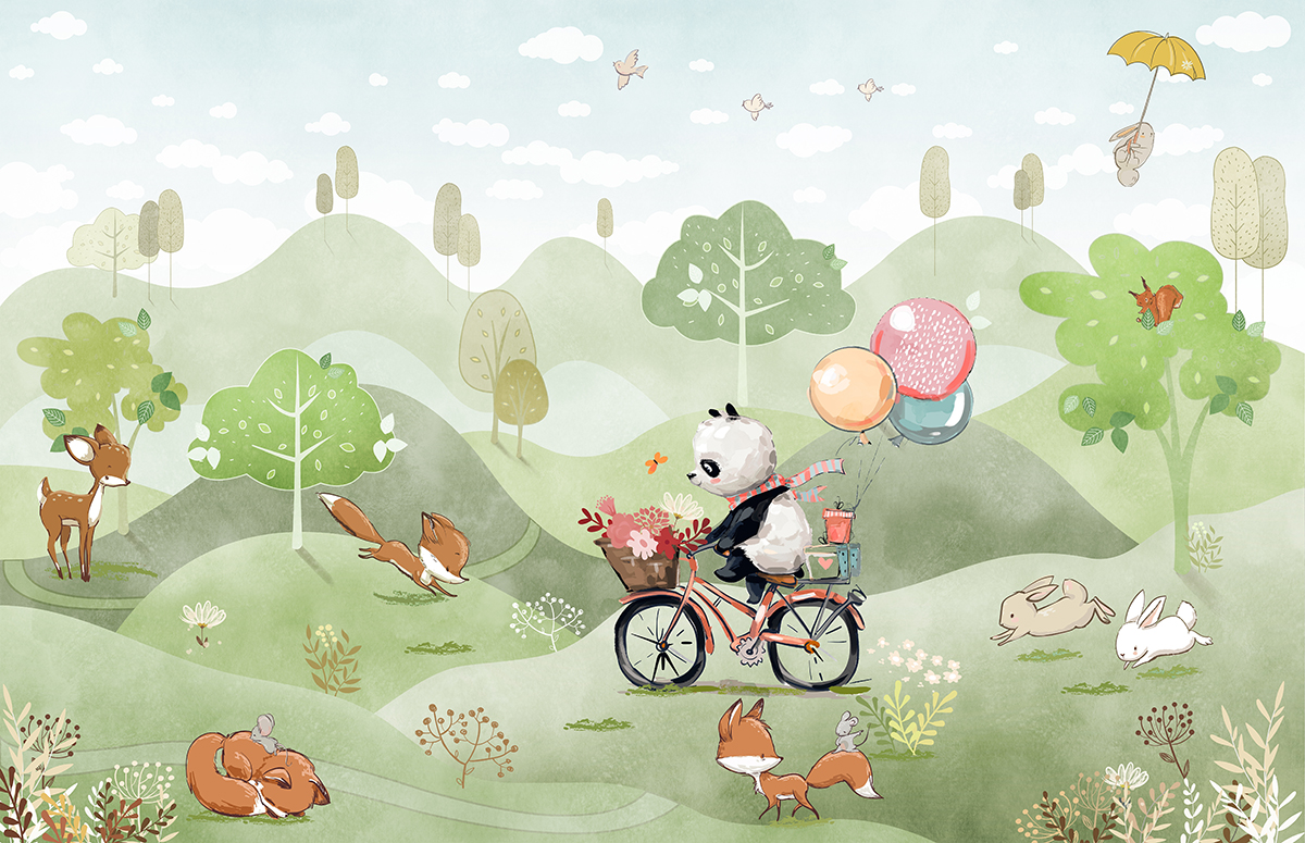 Watercolor,Animals,Wallpaper,Mural,For,Kids,,Forest,Animals,,Green,Forest,