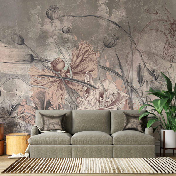 Fototapete mit buschigen Blüten in Beigetönen