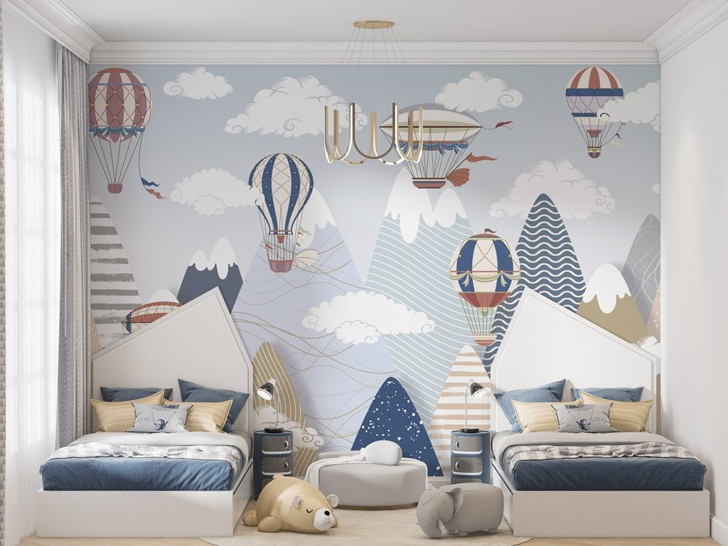 Bakgrund Ballonger som flyger över berg för barn