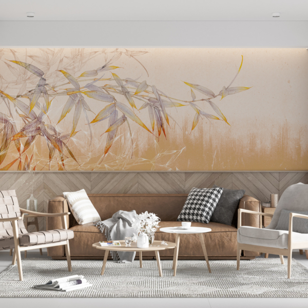 Fototapete Bambusblätter auf einer aprikosenfarbenen Wand