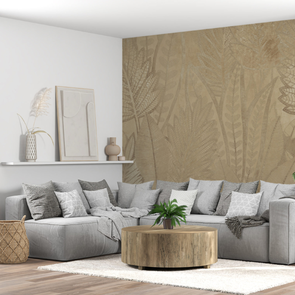 Fototapete mit beigefarbenen tropischen Blättern