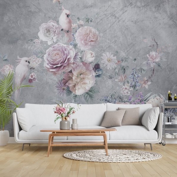 Wallpaper Weiße Sittiche in Blumen