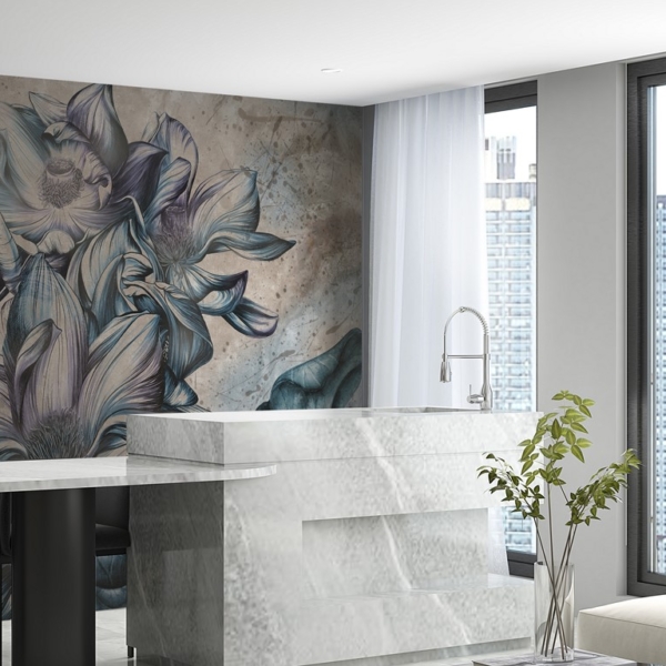 Fototapete mit großen blauen Blumen