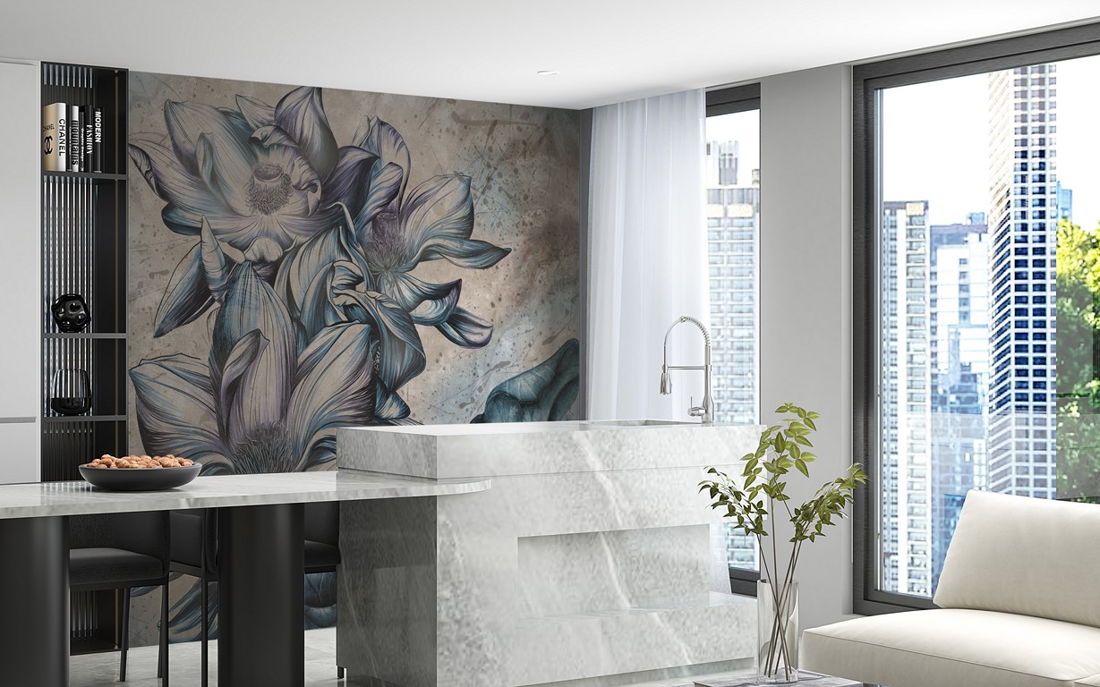 Fototapete mit großen blauen Blumen