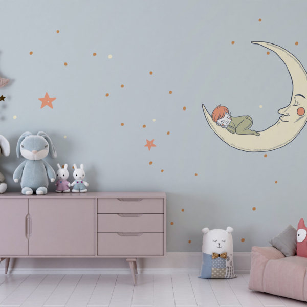 Wandbild Junge schläft auf dem Mond